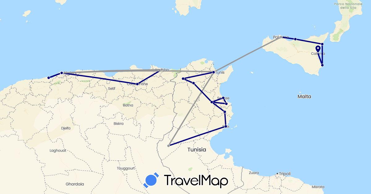 TravelMap itinerary: driving, plane in Algeria, Italy, Tunisia (Africa, Europe)